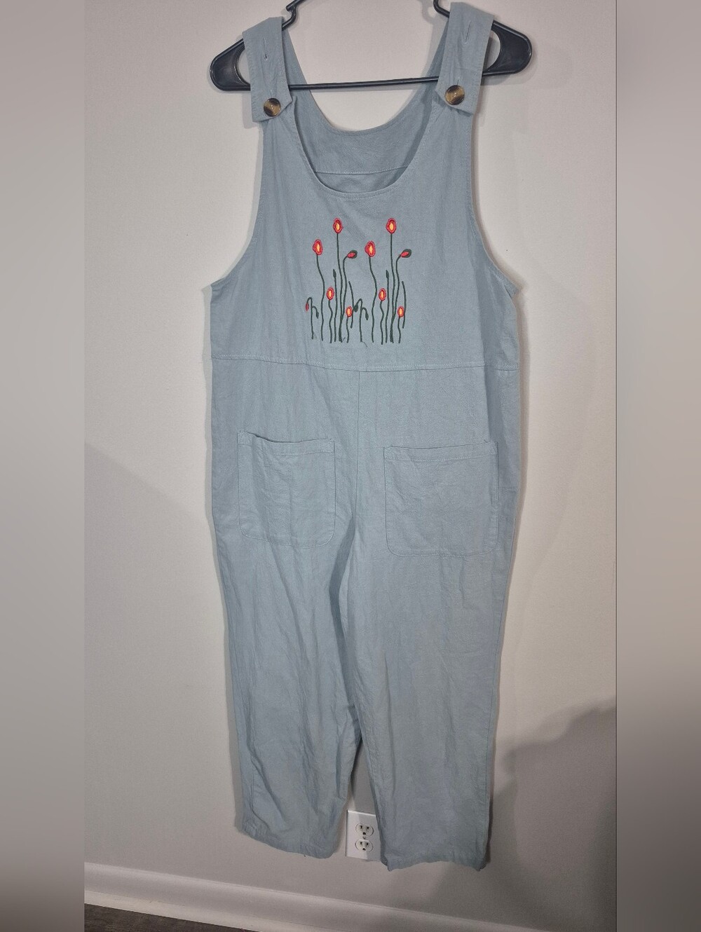 Light Blue Cotton Overallswith Red Floral Embroidery